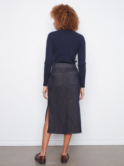 Pull-On Stretch Denim Midi Skirt - Deep Blue