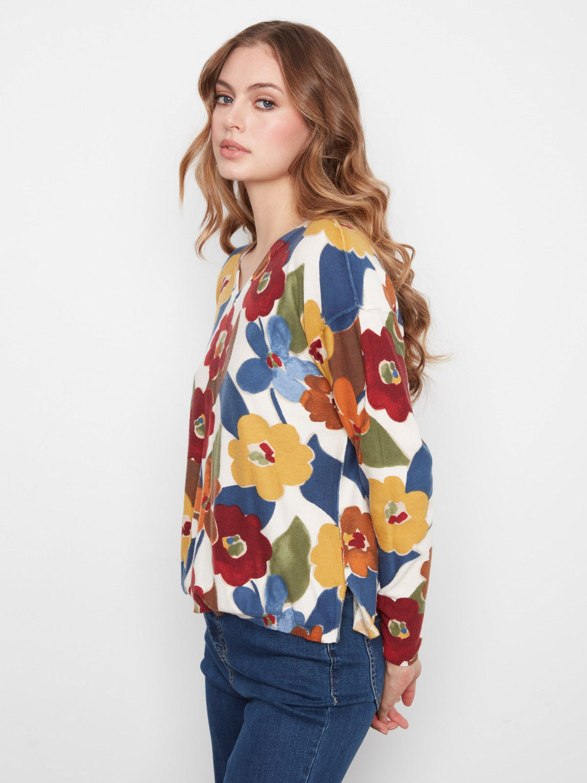 Reversible Floral V-Neck Sweater - Jazzy