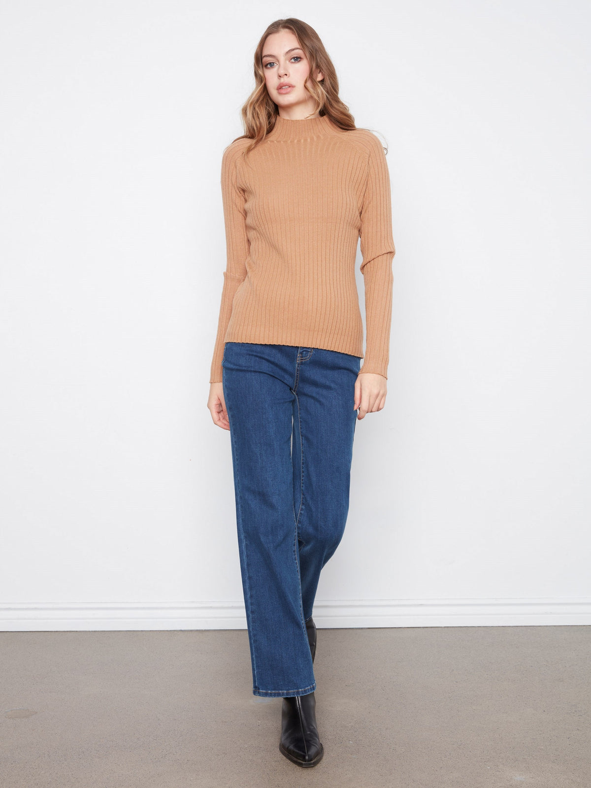 Ribbed Knit Mock Neck Sweater - Truffle