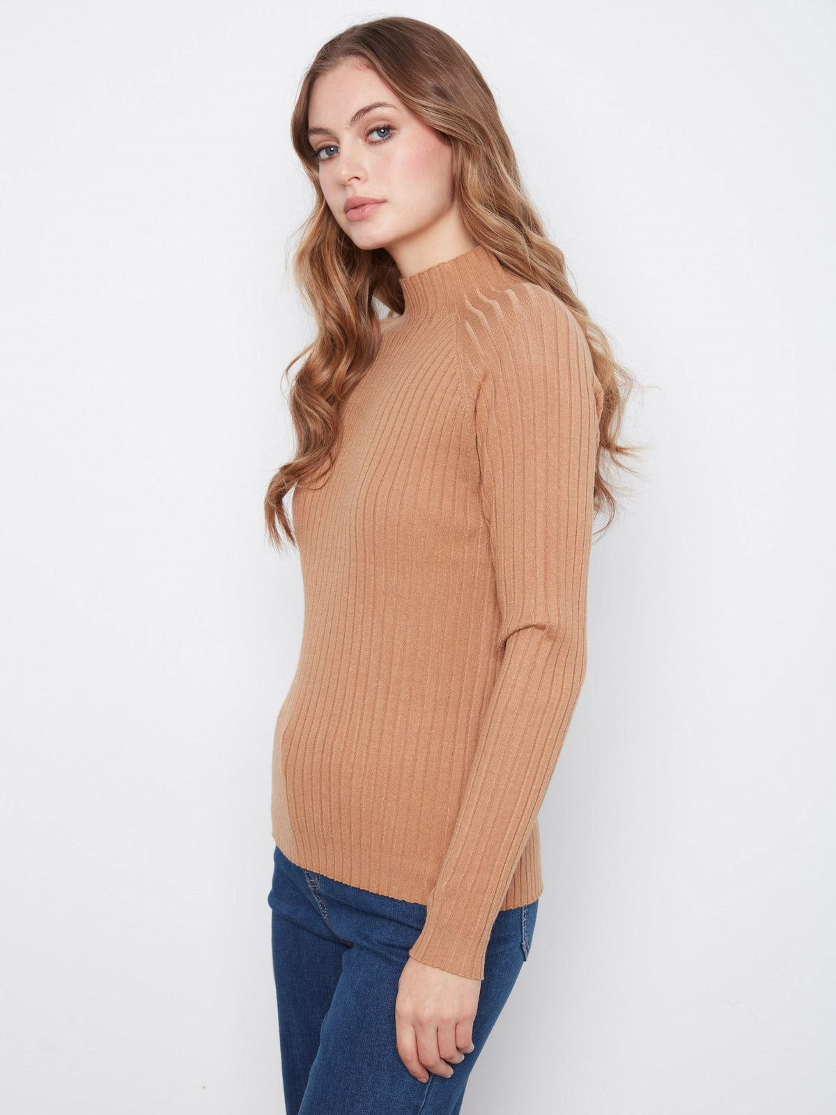 Ribbed Knit Mock Neck Sweater - Truffle
