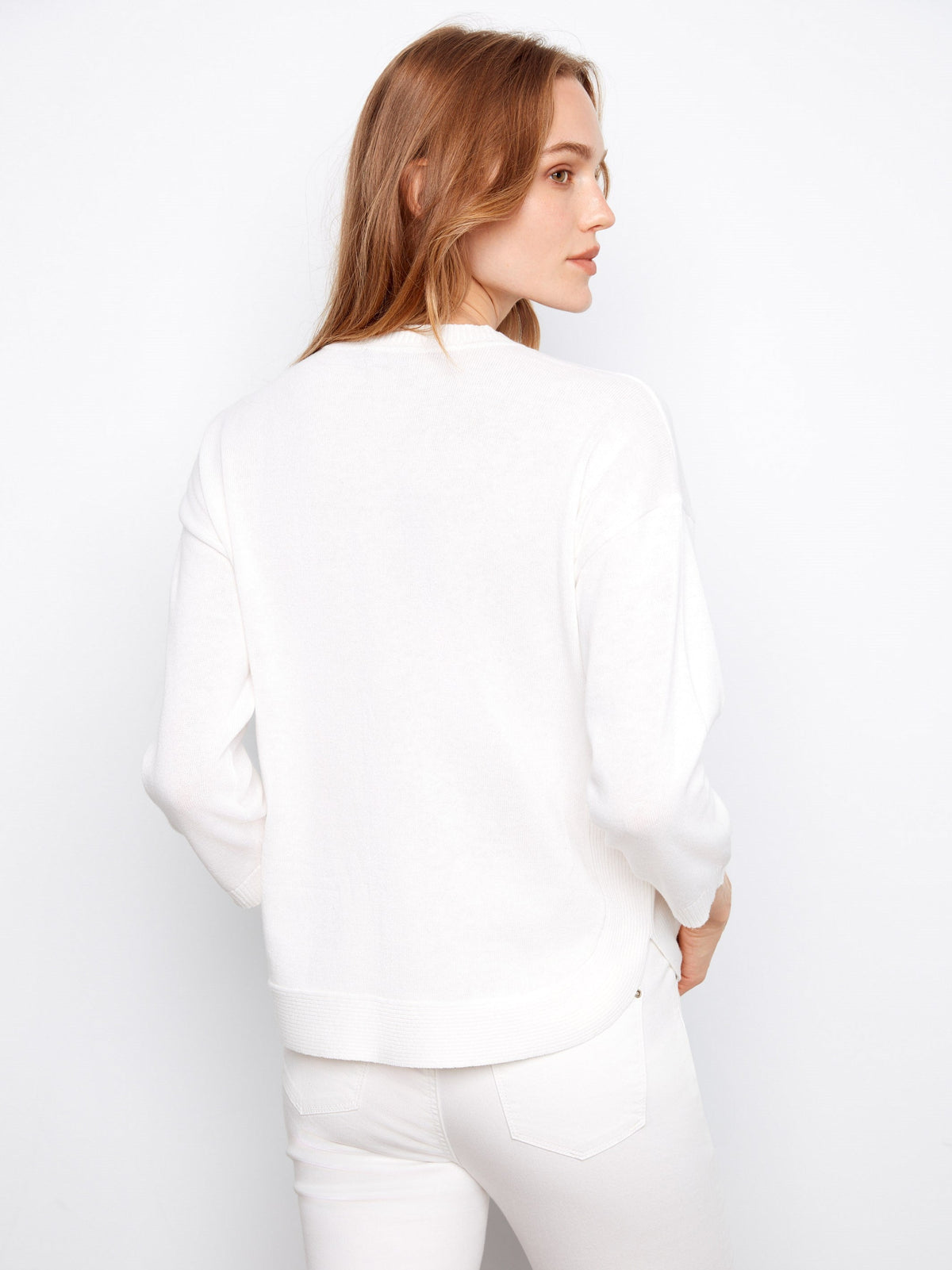 Rounded Hem Cotton Sweater - White