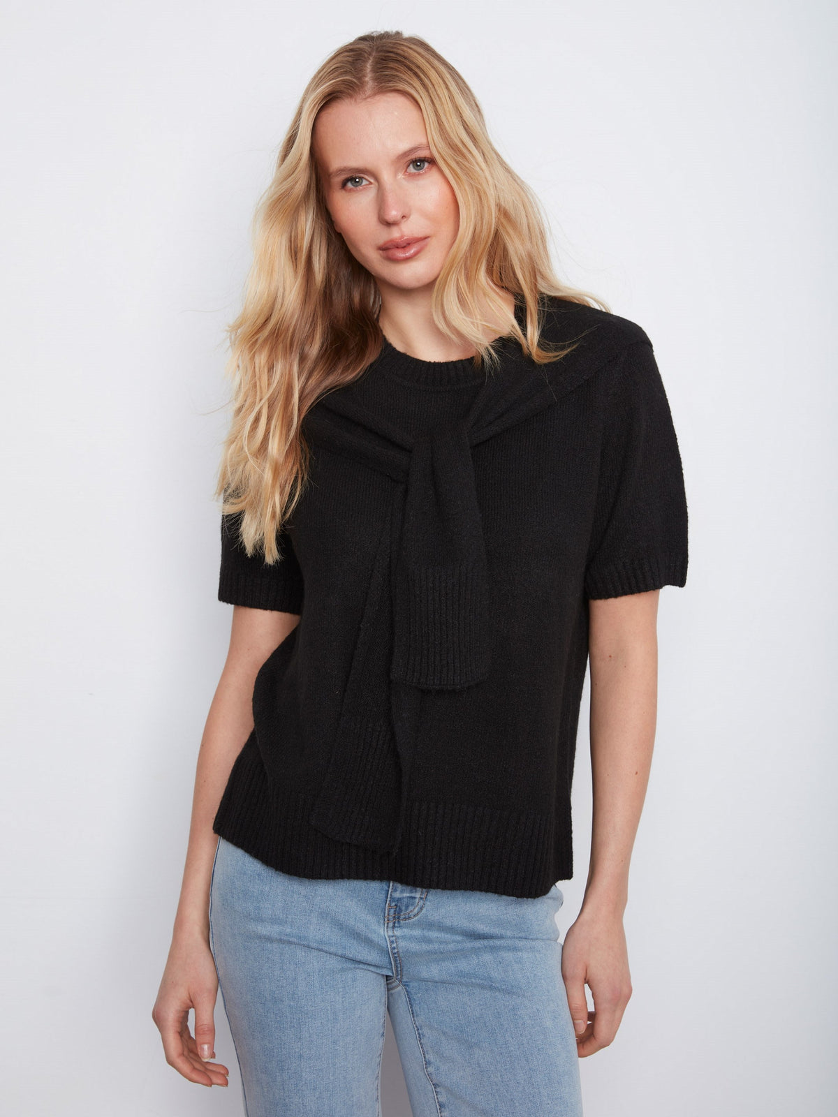 Short Sleeve Sweater With Sleeve Detail - Black