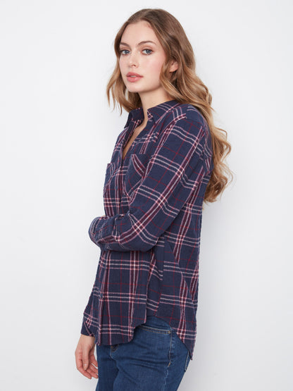 Soft Plaid Button-Front Blouse - Midnight