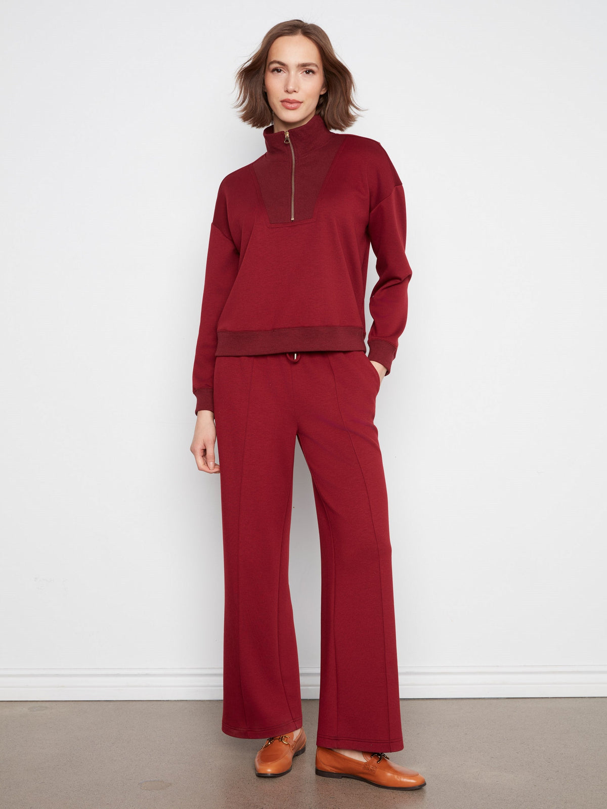 Soft Scuba Wide Leg Jogger Pants - Merlot