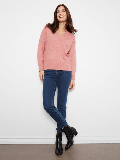 V-Neck Knit Sweater - Heather Carnation