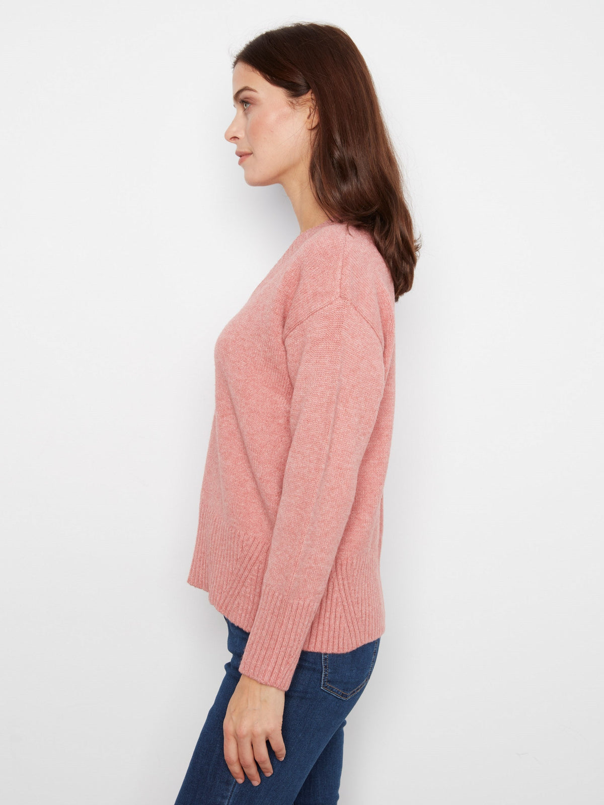 V-Neck Knit Sweater - Heather Carnation