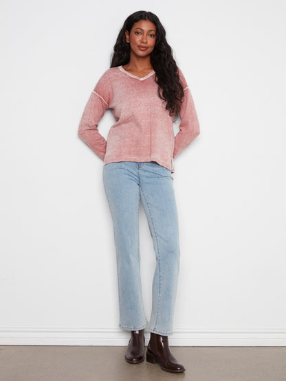 Vintage Effect V-Neck Sweater - Rosebud