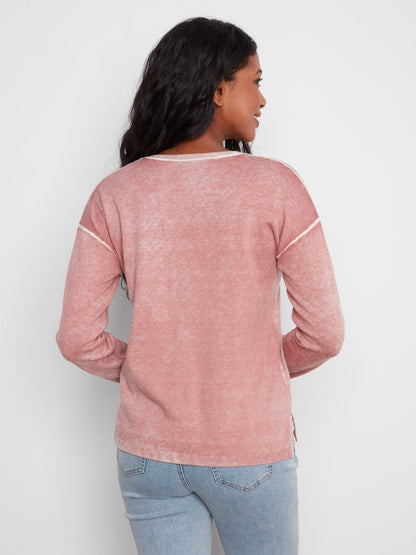 Vintage Effect V-Neck Sweater - Rosebud
