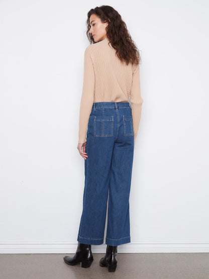 Wide Leg Button Front Jeans With Patch Pockets - Indigo