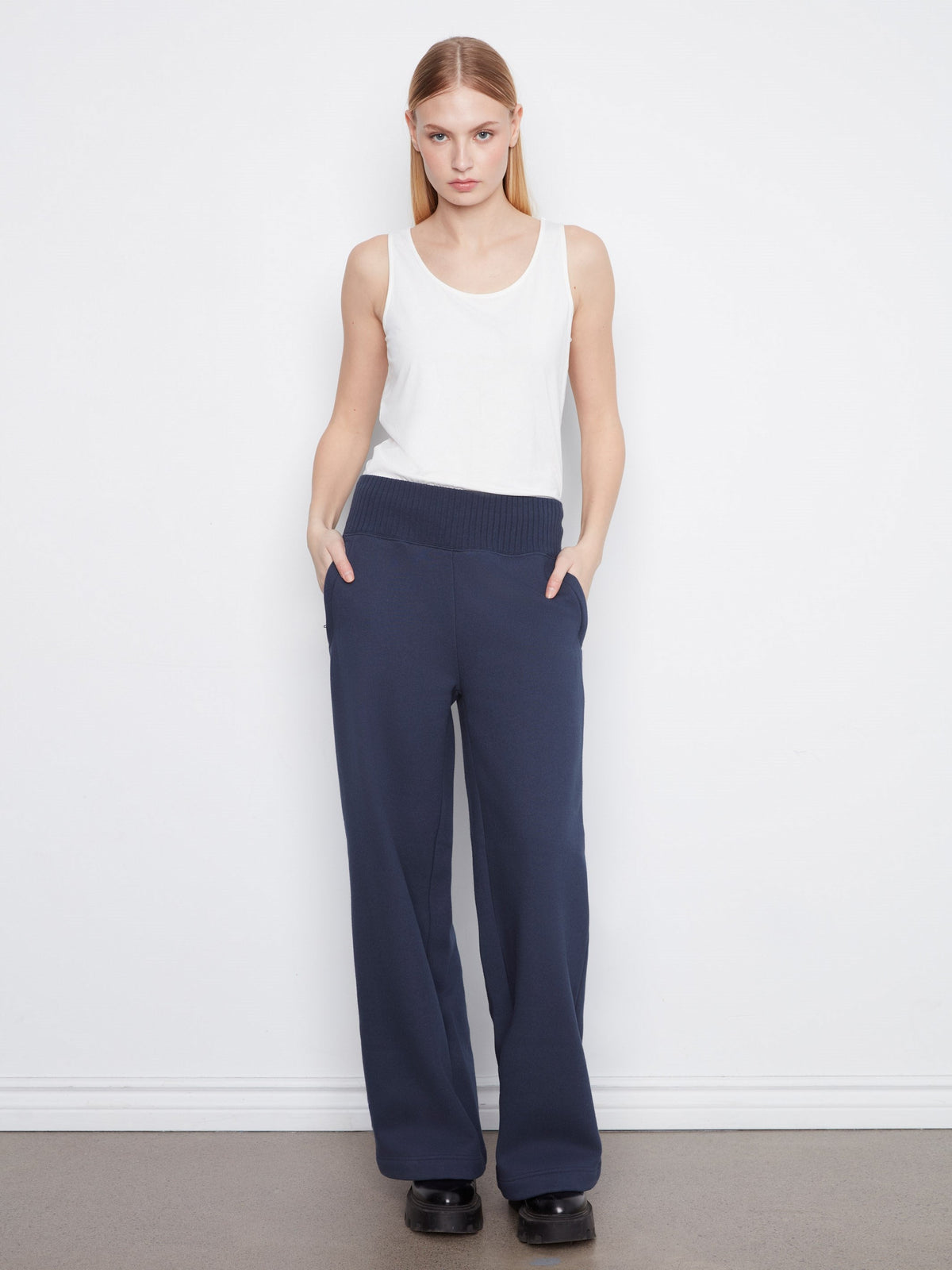 Wide Leg French Terry Pull-On Pants - Midnight