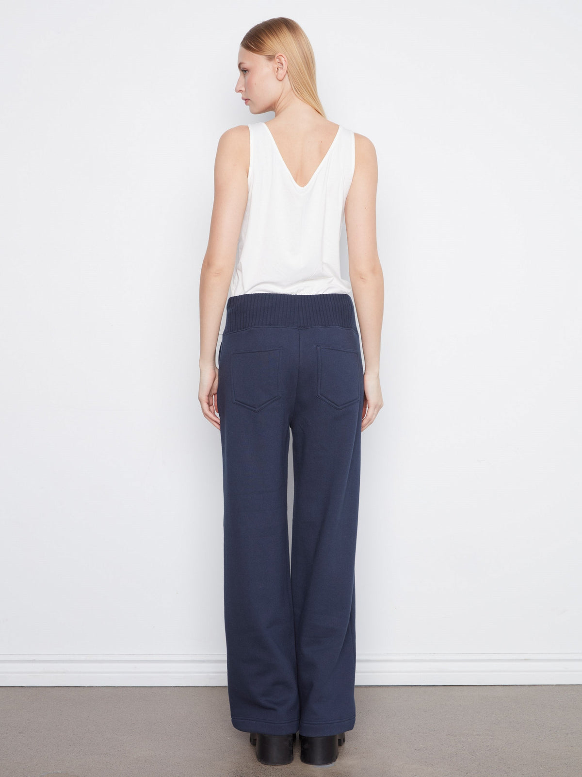 Wide Leg French Terry Pull-On Pants - Midnight