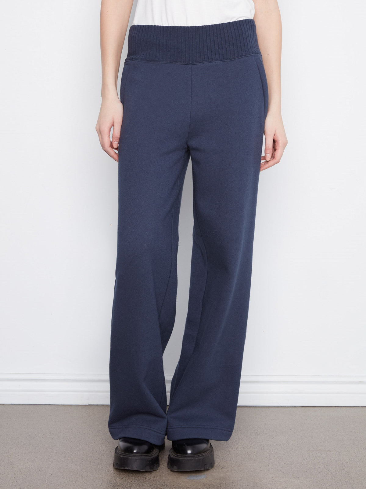 Wide Leg French Terry Pull-On Pants - Midnight
