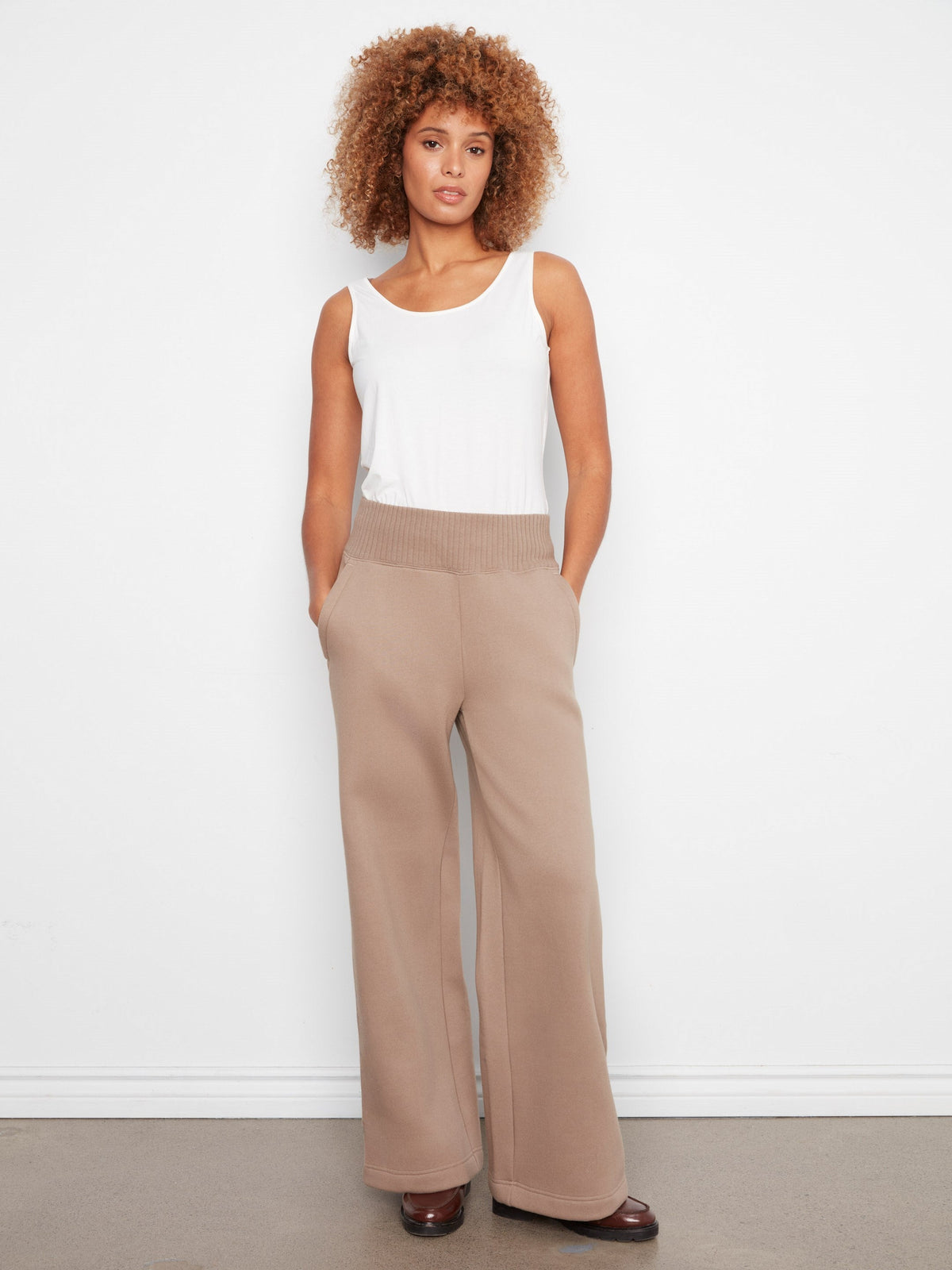 Wide Leg French Terry Pull-On Pants - Taupe
