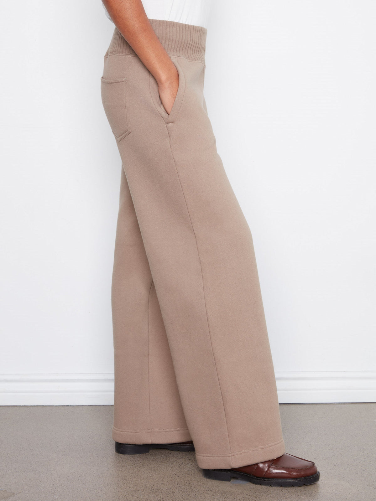 Wide Leg French Terry Pull-On Pants - Taupe