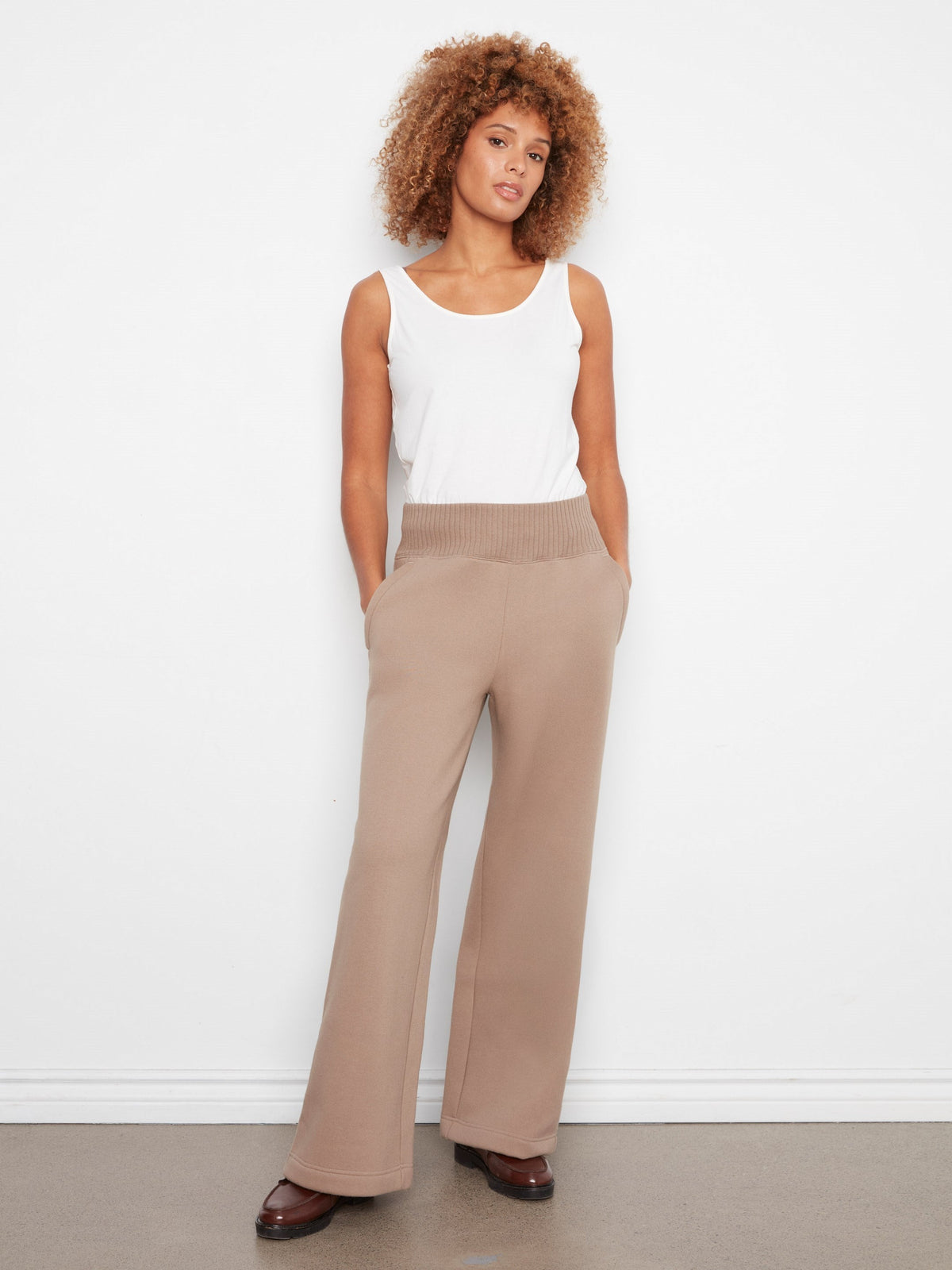 Wide Leg French Terry Pull-On Pants - Taupe