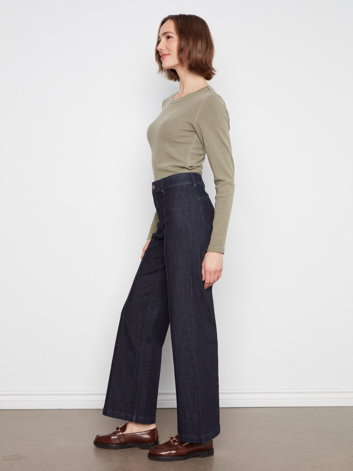Wide Leg Jeans With Front Seam Detail - Midnight