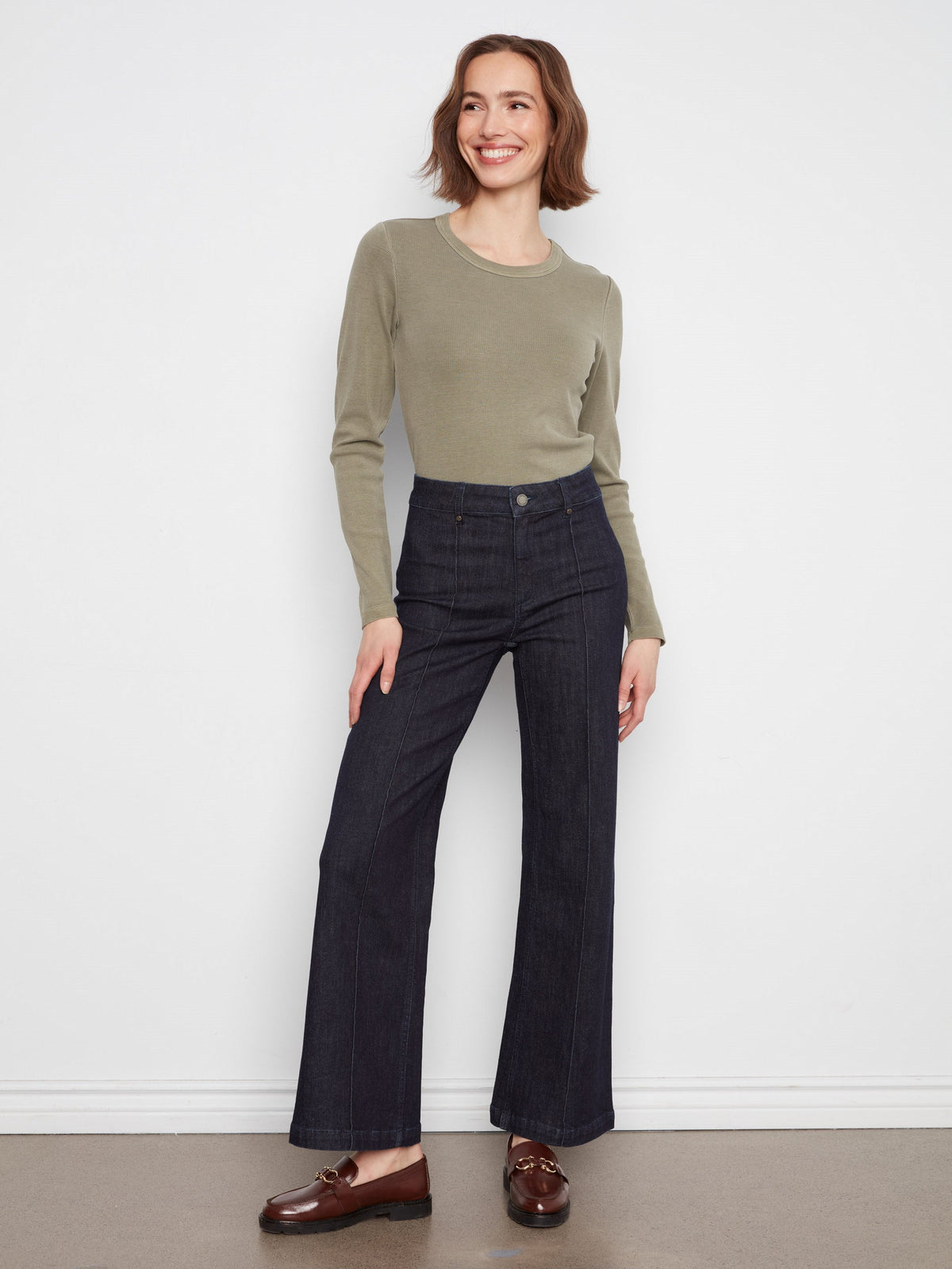 Wide Leg Jeans With Front Seam Detail - Midnight
