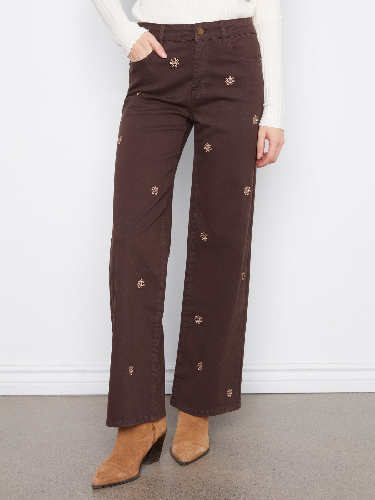 Wide Leg Twill Pants With Floral Embroidery - Coffee