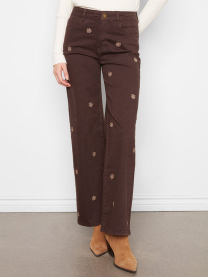 Wide Leg Twill Pants With Floral Embroidery - Coffee