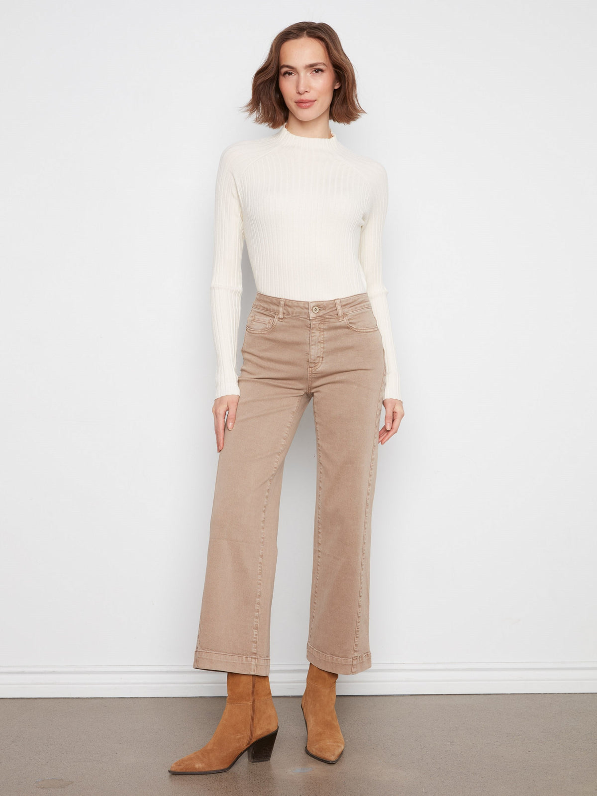 Wide Leg Twill Pants With Side Panel - Latte